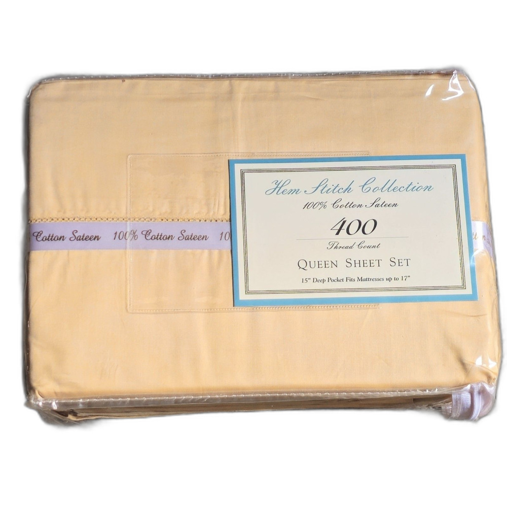 Hem Stitch Collection Queen Set 400 Count 100% Cotton  New Old Stock  Color Tan